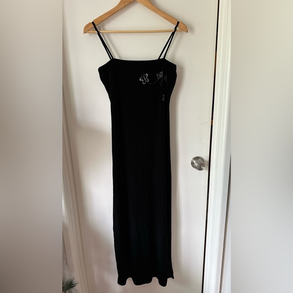 Y2K Vintage ENT Black Velvet Butterfly Square Neck Maxi Dress - Picture 1 of 4